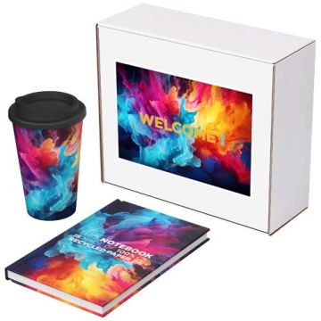 Keswick - zestaw upominkowy z materiałów z recyklingu – notatnik Novella Brontë i kubek Americano-Biały – Gift Design