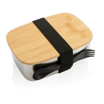 Pudełko śniadaniowe z bambusowym wieczkiem, łyżkowidelec – Gift Design