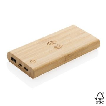 Bambusowy, bezprzewodowy power bank 8000 mAh, ładowarka bezprzewodowa 5W – Gift Design