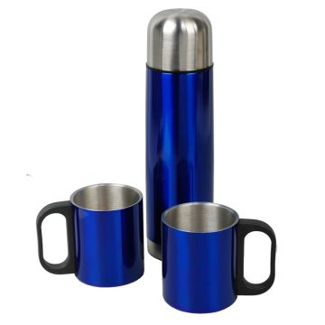Metalowy termos Picnic 480 ml + 2 kubki, niebieski-srebrny – Gift Design