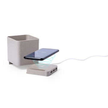Ładowarka bezprzewodowa 5W ze słomy pszenicznej, hub USB 2.0, pojemnik na przybory do pisania, stojak na telefon – Gift Design