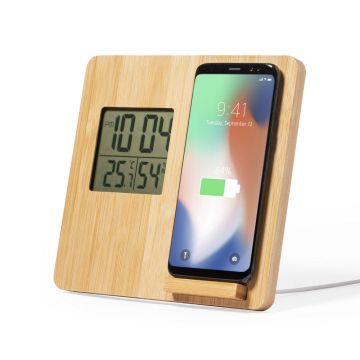 Bambusowa ładowarka bezprzewodowa 10W, stacja pogodowa – Gift Design
