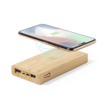 Bambusowy bezprzewodowy power bank 10000 mAh, ładowarka bezprzewodowa 5W, ładowarka słoneczna – Gift Design