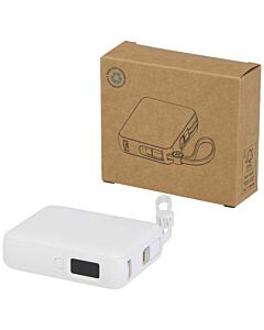 Acrux powerbank do tabletu o pojemności 10 000 mAh i mocy 35 W z wbudowanym kablem typu C - wykonany z tworzyw sztucznych pochodzących z recyklingu.-Biały