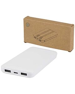 Adhil powerbank o pojemności 10.000 mAh i mocy 10 W z tworzyw sztucznych pochodzących z recyklilngu z 2 wbudowanymi kablami-Biały