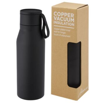 Ljungan 500 ml copper vacuum insulated stainless steel bottle with PU leather strap and lid-Grey