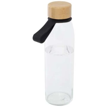Szklana butelka na wodę Porto o pojemności 500 ml, z silikonowym uchwytem i z bambusową zakrętką-Czarny