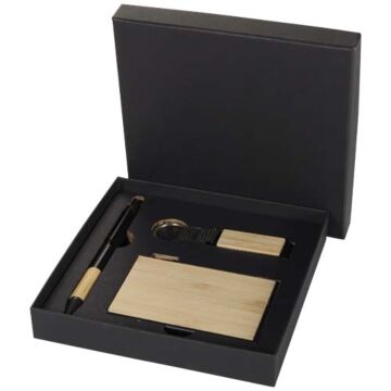 Minka zestaw upominkowy zawierający długopis wykonany z aluminium z recyklingu z certyfikatem RCS, łańcuch do kluczy oraz ramka na kartę RFID-Naturalny