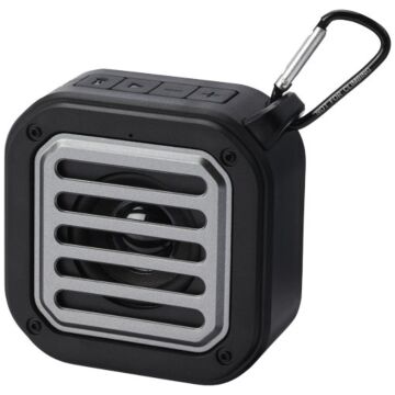 Solo plastikowy głośnik solarny Bluetooth® IPX5 o mocy 3 W z karabińczykiem wykonany z tworzywa pochodzącego z recyklingu z c-Czarny