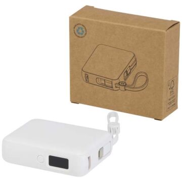 Acrux powerbank do tabletu o pojemności 10 000 mAh i mocy 35 W z wbudowanym kablem typu C - wykonany z tworzyw sztucznych pochodzących z recyklingu.-Biały