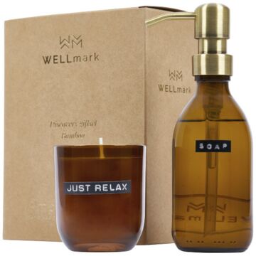 Wellmark Discovery dozownik na mydło do rąk o pojemności 200 ml i zestaw świec zapachowych 150 g - o zapachu bambusa -Amber heather