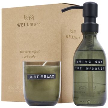 Wellmark Discovery dozownik mydła do rąk o pojemności 200 ml i zestaw świec zapachowych 150 g - o zapachu ciemnego bursztynu-Leśny zielony
