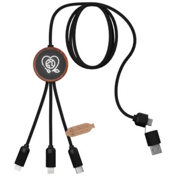 SCX.design C37 kabel do ładowania z podświetlanym logo 5-w-1 rPET i z okrągłą drewnianą obudową-Brazowy
