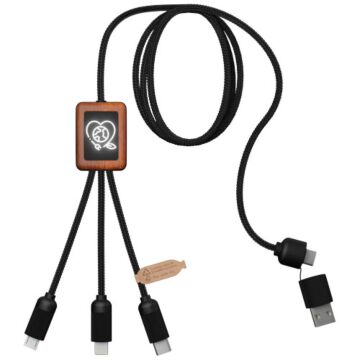 SCX.design C38 5-in-1 rPET light-up logo charging cable with squared wooden casing-Red