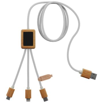 Kabel do ładowania SCX.design C39 z podświetlanym logo 3-w-1 z plastiku PET z recyklingu i z kwadratową drewnianą obudową-Biały
