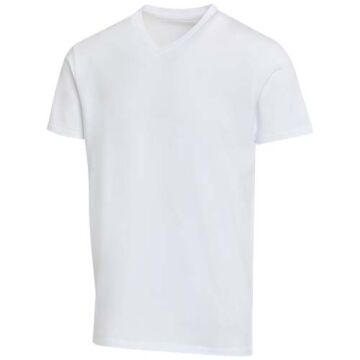 Balfour organiczna koszulka unisex z krótkim rękawem i dekoltem w serek, wykonana z materiału o gramaturze 200 g-m², z certyf-Biały