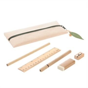 School set, pencil case, pencil, ball pen, ruler, eraser and pencil sharpener