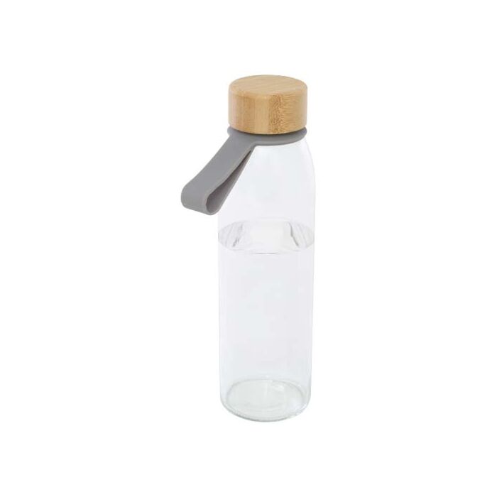 Szklana butelka na wodę Porto o pojemności 500 ml, z silikonowym uchwytem i z bambusową zakrętką-Szary Szklana butelka na wodę Porto o pojemności 500 ml, z silikonowym uchwytem i z bambusową zakrętką-Szary