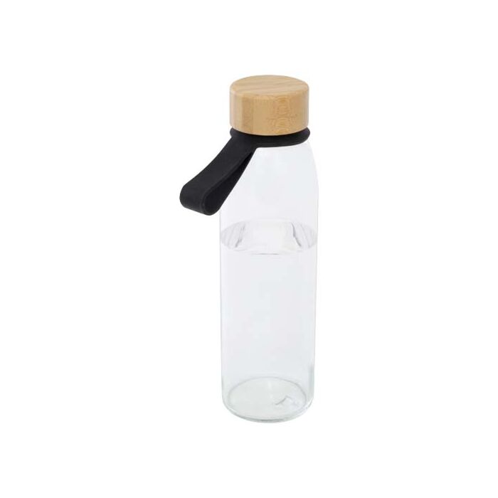 Szklana butelka na wodę Porto o pojemności 500 ml, z silikonowym uchwytem i z bambusową zakrętką-Czarny Szklana butelka na wodę Porto o pojemności 500 ml, z silikonowym uchwytem i z bambusową zakrętką-Czarny