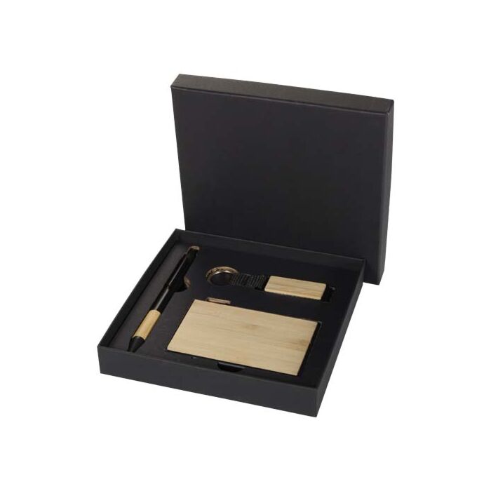 Minka zestaw upominkowy zawierający długopis wykonany z aluminium z recyklingu z certyfikatem RCS, łańcuch do kluczy oraz ramka na kartę RFID-Naturalny