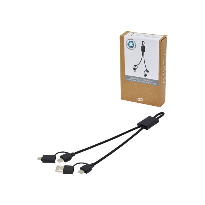 Connect kabel do szybkiego ładowania 6-w-1 o mocy 45 W z aluminium pochodzącego z recyklingu z certyfikatem RCS-Czarny