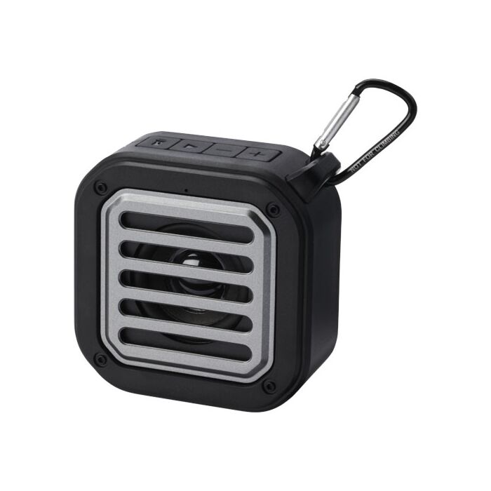 Solo plastikowy głośnik solarny Bluetooth® IPX5 o mocy 3 W z karabińczykiem wykonany z tworzywa pochodzącego z recyklingu z c-Czarny
