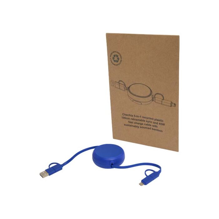 Alasia zwijany kabel do synchronizacji danych i szybkiego ładowania 5 w 1 45 W o długości 100 cm z tworzyw sztucznych i aluminium pochodzących z recyklingu-Błękit królewski Alasia zwijany kabel do synchronizacji danych i szybkiego ładowania 5 w 1 45 W o długości 100 cm z tworzyw sztucznych i aluminium pochodzących z recyklingu-Błękit królewski
