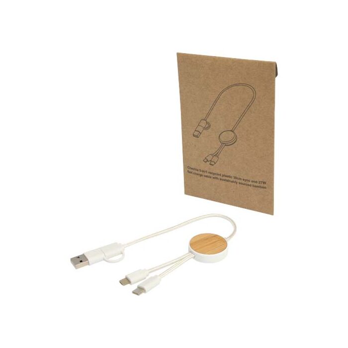 Chechia kabel do synchronizacji danych i szybkiego ładowania 5 w 1 27 W o długości 30 cm z tworzyw sztucznych pochodzących z recyklingu z detalami z bambusa-Biały Chechia kabel do synchronizacji danych i szybkiego ładowania 5 w 1 27 W o długości 30 cm z tworzyw sztucznych pochodzących z recyklingu z detalami z bambusa-Biały