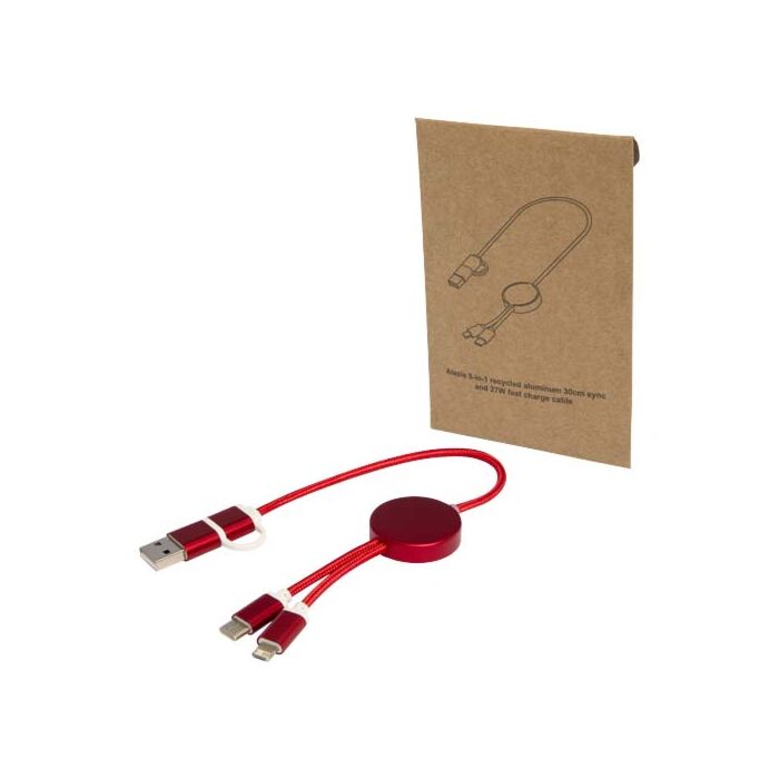 Alasia kabel do synchronizacji danych i szybkiego ładowania 5 w 1 27 W o długości 30 cm z tworzyw sztucznych i aluminium pochodzących z recyklingu-Czerwony Alasia kabel do synchronizacji danych i szybkiego ładowania 5 w 1 27 W o długości 30 cm z tworzyw sztucznych i aluminium pochodzących z recyklingu-Czerwony