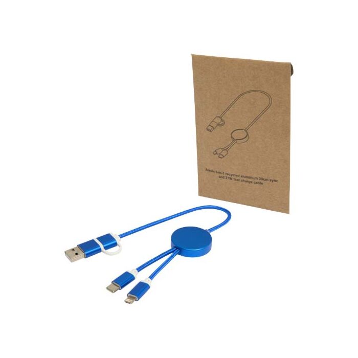 Alasia kabel do synchronizacji danych i szybkiego ładowania 5 w 1 27 W o długości 30 cm z tworzyw sztucznych i aluminium pochodzących z recyklingu-Błękit królewski Alasia kabel do synchronizacji danych i szybkiego ładowania 5 w 1 27 W o długości 30 cm z tworzyw sztucznych i aluminium pochodzących z recyklingu-Błękit królewski