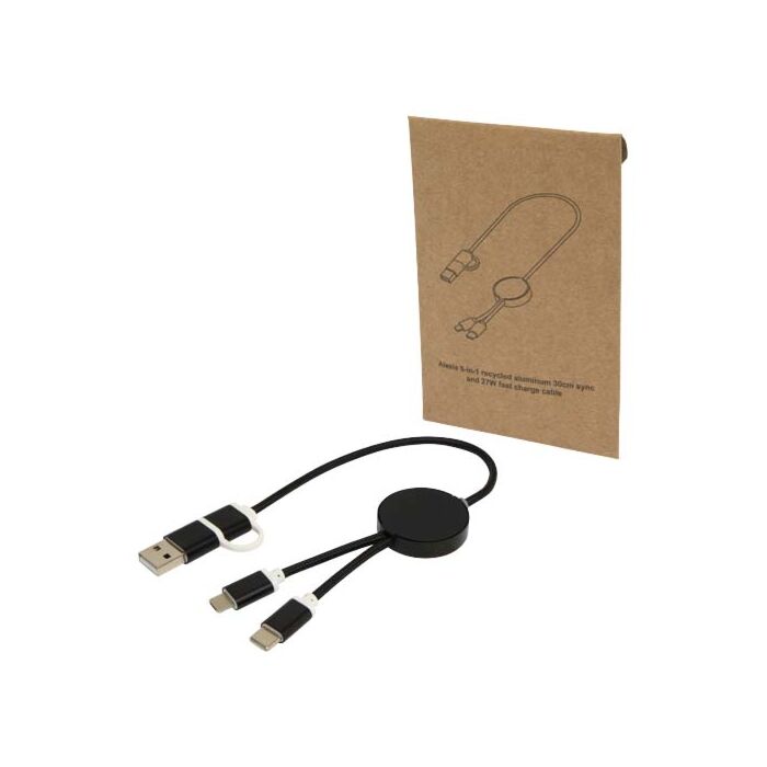 Alasia kabel do synchronizacji danych i szybkiego ładowania 5 w 1 27 W o długości 30 cm z tworzyw sztucznych i aluminium pochodzących z recyklingu-Czarny Alasia kabel do synchronizacji danych i szybkiego ładowania 5 w 1 27 W o długości 30 cm z tworzyw sztucznych i aluminium pochodzących z recyklingu-Czarny