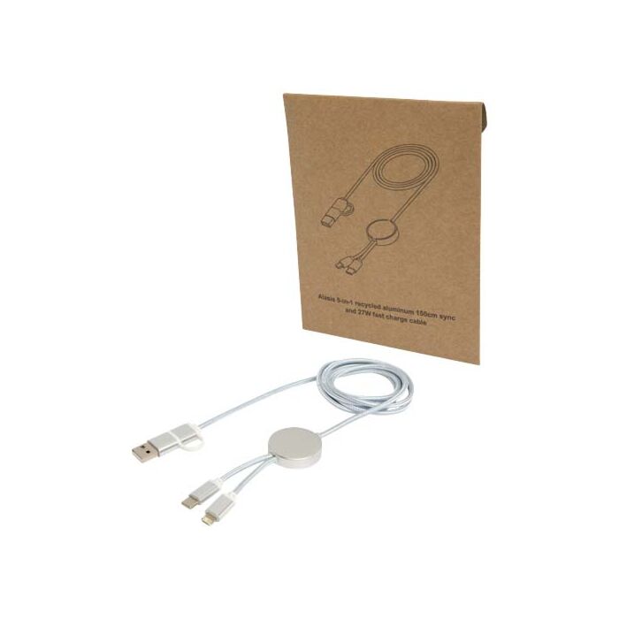 Alasia kabel do synchronizacji danych i szybkiego ładowania 5 w 1 27 W o długości 150 cm z tworzyw sztucznych i aluminium pochodzących z recyklingu-Srebrny Alasia kabel do synchronizacji danych i szybkiego ładowania 5 w 1 27 W o długości 150 cm z tworzyw sztucznych i aluminium pochodzących z recyklingu-Srebrny
