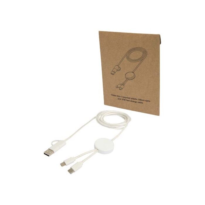 Citala kabel do synchronizacji danych i szybkiego ładowania 5 w 1 27 W o długości 150 cm z tworzyw sztucznych pochodzących z recyklingu-Biały Citala kabel do synchronizacji danych i szybkiego ładowania 5 w 1 27 W o długości 150 cm z tworzyw sztucznych pochodzących z recyklingu-Biały
