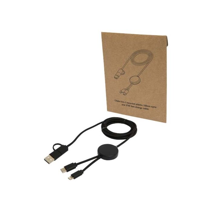 Citala kabel do synchronizacji danych i szybkiego ładowania 5 w 1 27 W o długości 150 cm z tworzyw sztucznych pochodzących z recyklingu-Czarny Citala kabel do synchronizacji danych i szybkiego ładowania 5 w 1 27 W o długości 150 cm z tworzyw sztucznych pochodzących z recyklingu-Czarny