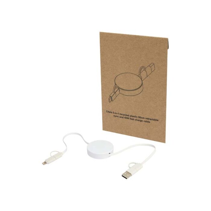 Citala zwijany kabel do synchronizacji danych i szybkiego ładowania 5 w 1 40 W o długości 90 cm z tworzyw sztucznych pochodzących z recyklingu-Biały Citala zwijany kabel do synchronizacji danych i szybkiego ładowania 5 w 1 40 W o długości 90 cm z tworzyw sztucznych pochodzących z recyklingu-Biały