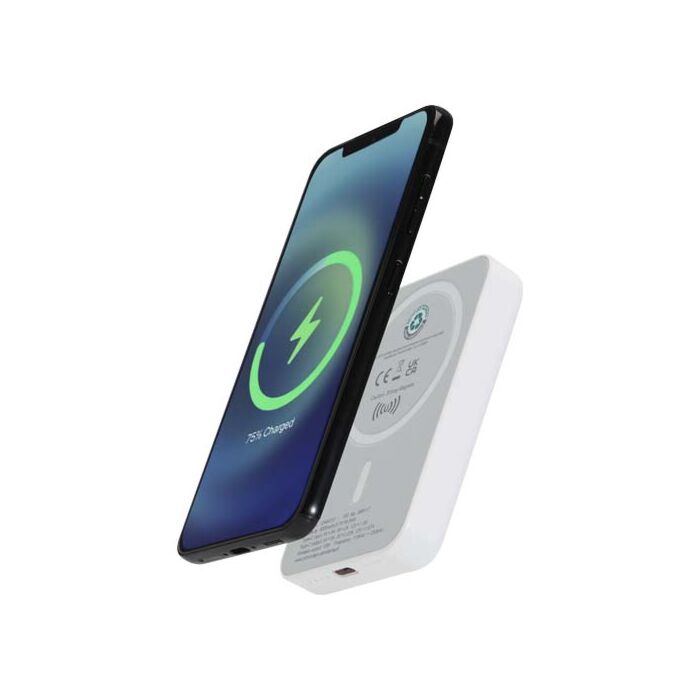 Acrab magnetyczny bezprzewodowy powerbank o pojemności 5000 mAh i mocy 15 W z technologią PD 20 W — wykonany z tworzyw sztycznych pochodzących z recyklingu.-Biały