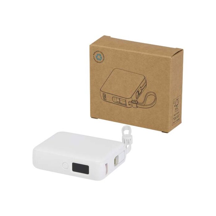 Acrux powerbank do tabletu o pojemności 10 000 mAh i mocy 35 W z wbudowanym kablem typu C - wykonany z tworzyw sztucznych pochodzących z recyklingu.-Biały