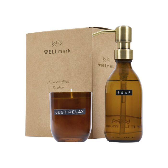 Wellmark Discovery dozownik na mydło do rąk o pojemności 200 ml i zestaw świec zapachowych 150 g - o zapachu bambusa -Amber heather