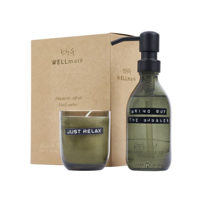 Wellmark Discovery dozownik mydła do rąk o pojemności 200 ml i zestaw świec zapachowych 150 g - o zapachu ciemnego bursztynu-Leśny zielony