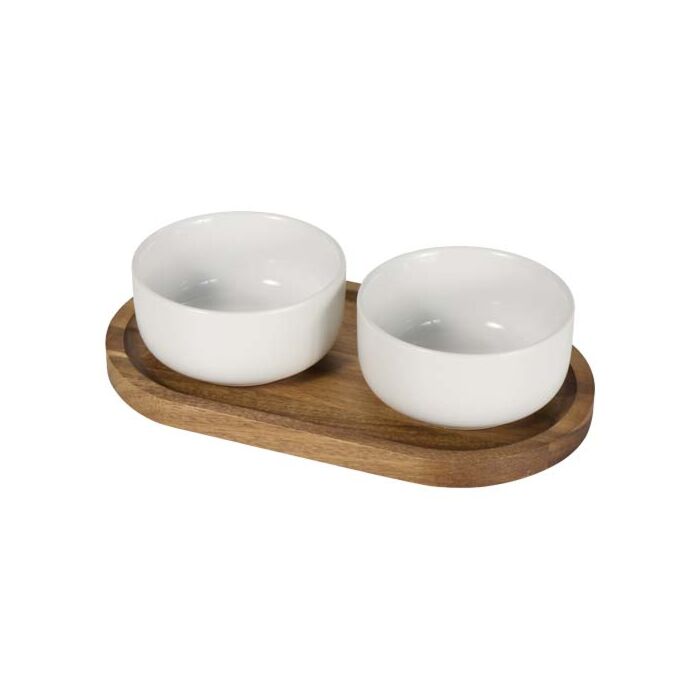 Noa zestaw drewnianej tacy i ceramicznych misek do serwowania-Biały