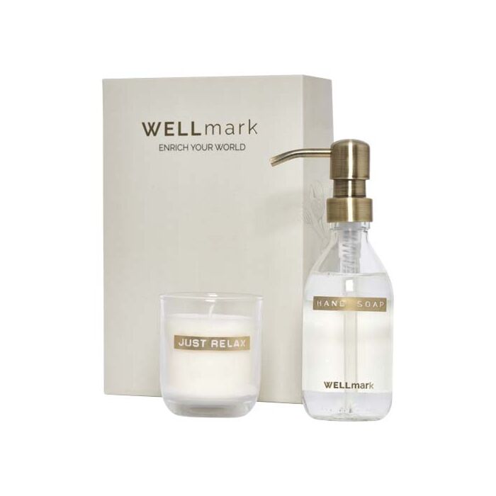 Wellmark Discovery dozownik mydła w płynie o pojemności 250 ml i zestaw świec zapachowych 150 g-Biały