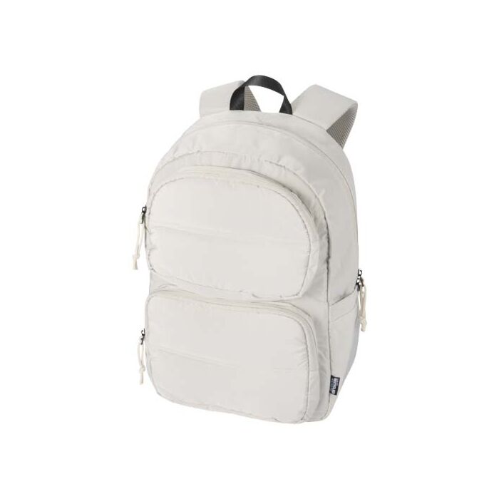 Puffer plecak na laptopa o przekątnej 15,6 cali o pojemności 18 l wykonany z materiałów z recyclingu z certyfikatem GRS-Piaskowiec