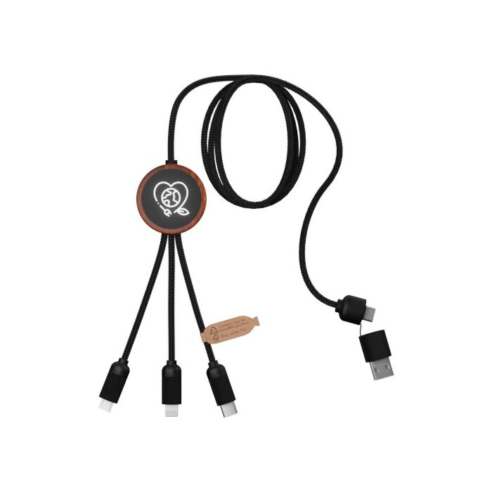SCX.design C37 kabel do ładowania z podświetlanym logo 5-w-1 rPET i z okrągłą drewnianą obudową-Brazowy