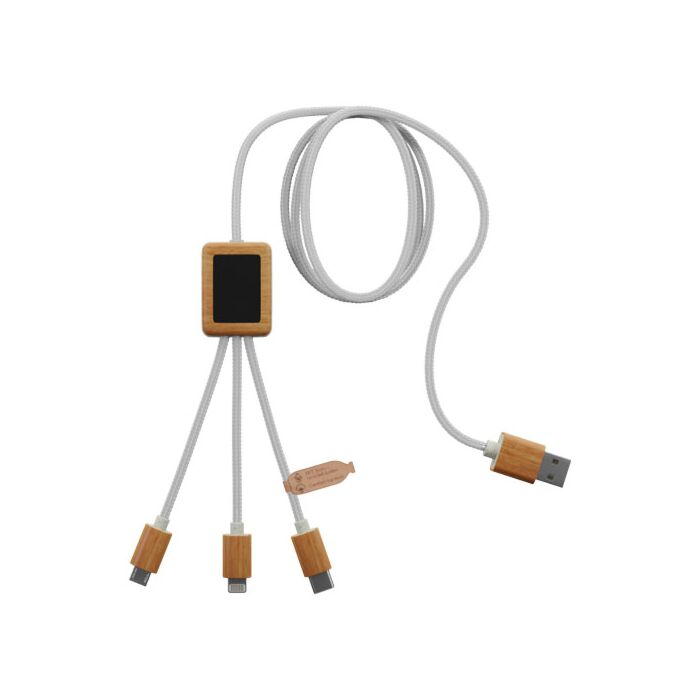 Kabel do ładowania SCX.design C39 z podświetlanym logo 3-w-1 z plastiku PET z recyklingu i z kwadratową drewnianą obudową-Biały