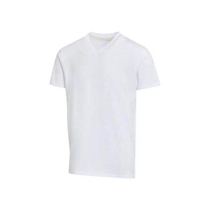 Balfour organiczna koszulka unisex z krótkim rękawem i dekoltem w serek, wykonana z materiału o gramaturze 200 g-m², z certyf-Biały