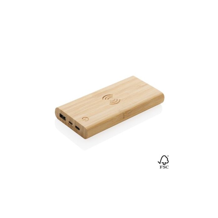 Bambusowy, bezprzewodowy power bank 8000 mAh, ładowarka bezprzewodowa 5W