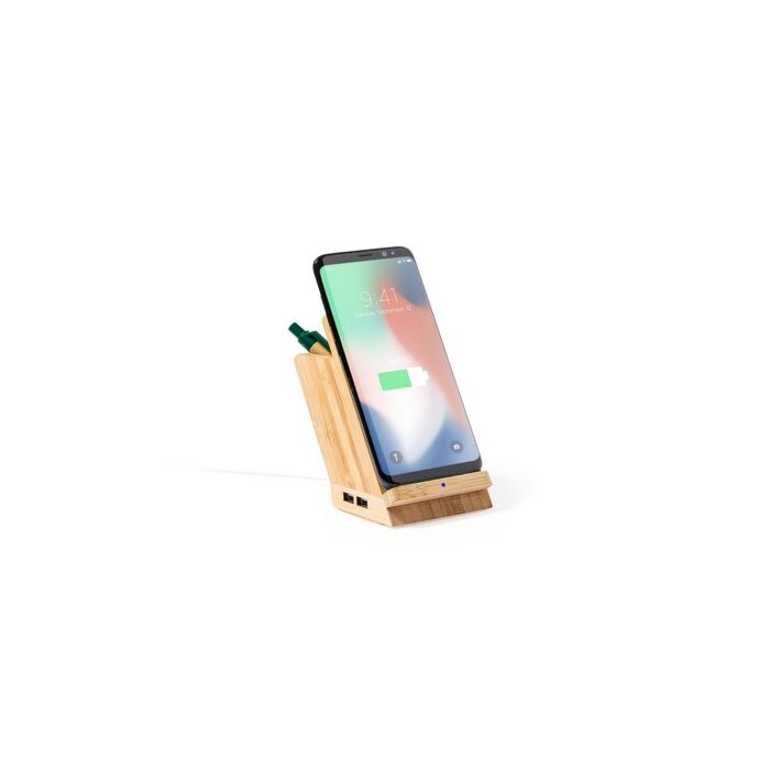 Bambusowa ładowarka bezprzewodowa 5W, 4 porty hub USB 2.0, pojemnik na przybory do pisania, stojak na telefon