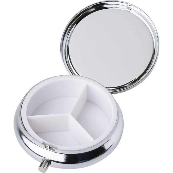 Metalowy pojemnik na tabletki z 3 przegrodami, lusterko Metalowy pojemnik na tabletki z 3 przegrodami, lusterko